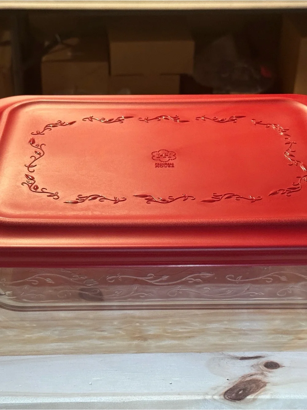 Princess House Red Embossed Glass Food Storage Container with Snap Lid